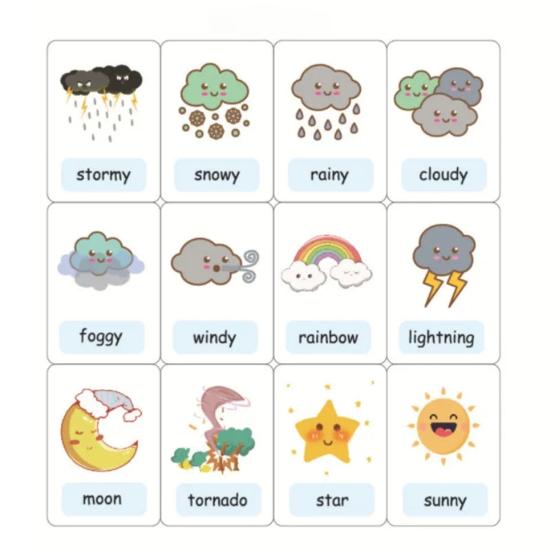 Cute weather icons with labels: stormy, snowy, rainy, cloudy, foggy, windy, rainbow, lightning, moon, tornado, star, sunny, each with smiling faces and playful designs.