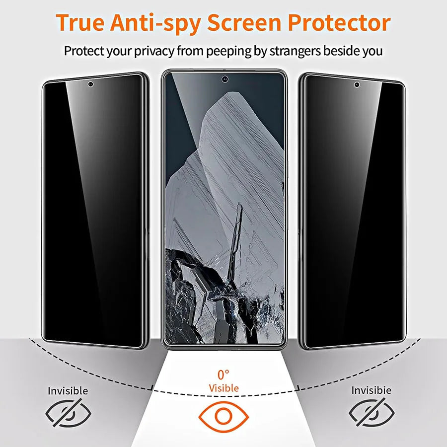 Three smartphones show the effect of an anti-spy screen protector. The center screen shows a clear image, while the side screens appear dark, illustrating privacy protection.