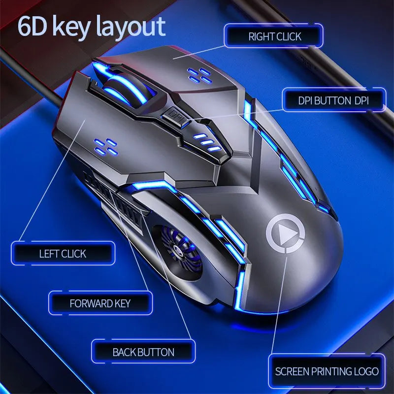A futuristic gaming mouse with blue LED accents showing a 6D key layout. Labeled features include left and right clicks, forward key, back button, DPI button, and screen printing logo.