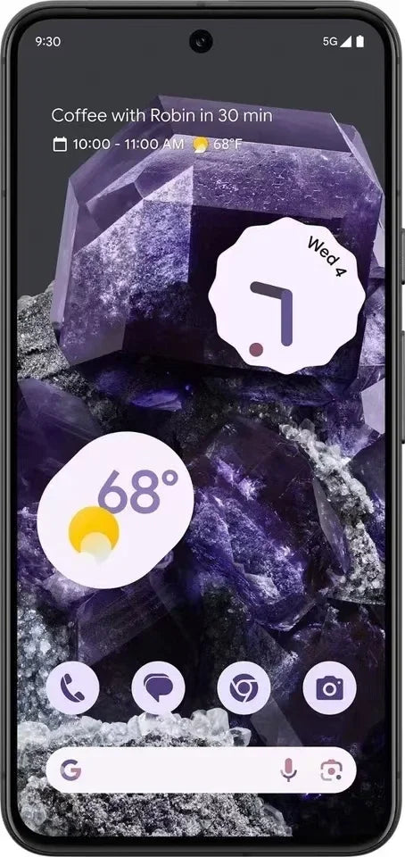 Smartphone screen showing a clock widget, weather at 68°F, and a notification for coffee with Robin at 10:00 AM. Background features purple crystals.