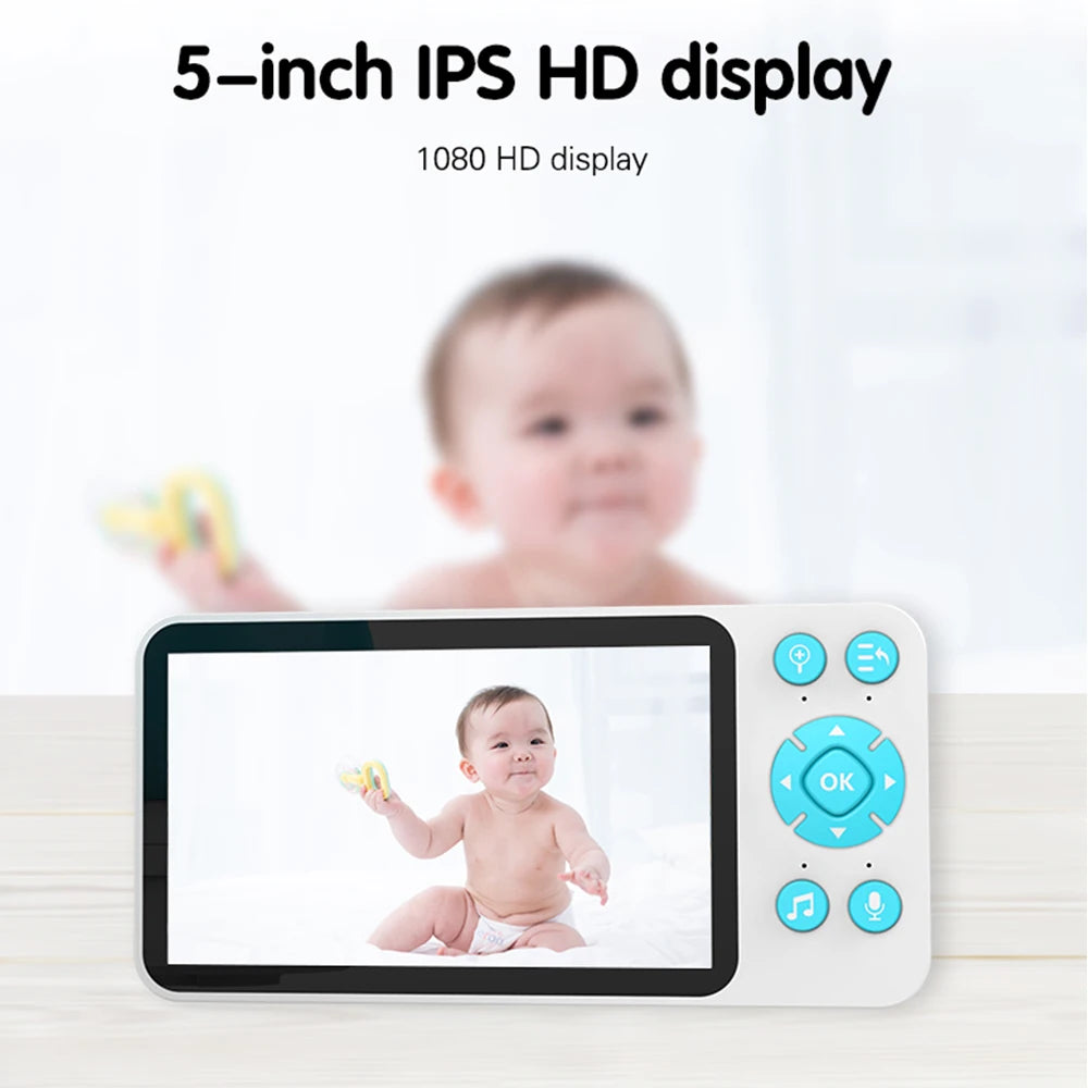 Baby monitor with a 5-inch IPS HD display shows a baby holding a toy. The device features blue control buttons on the right, emphasizing its user-friendly interface.