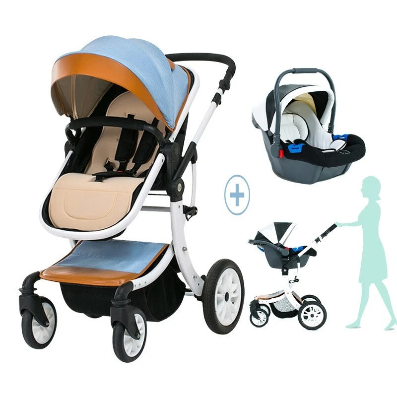 Modern stroller with blue canopy, beige seat, and black frame. Includes a detachable car seat and a silhouette of a woman pushing the stroller in different configurations.