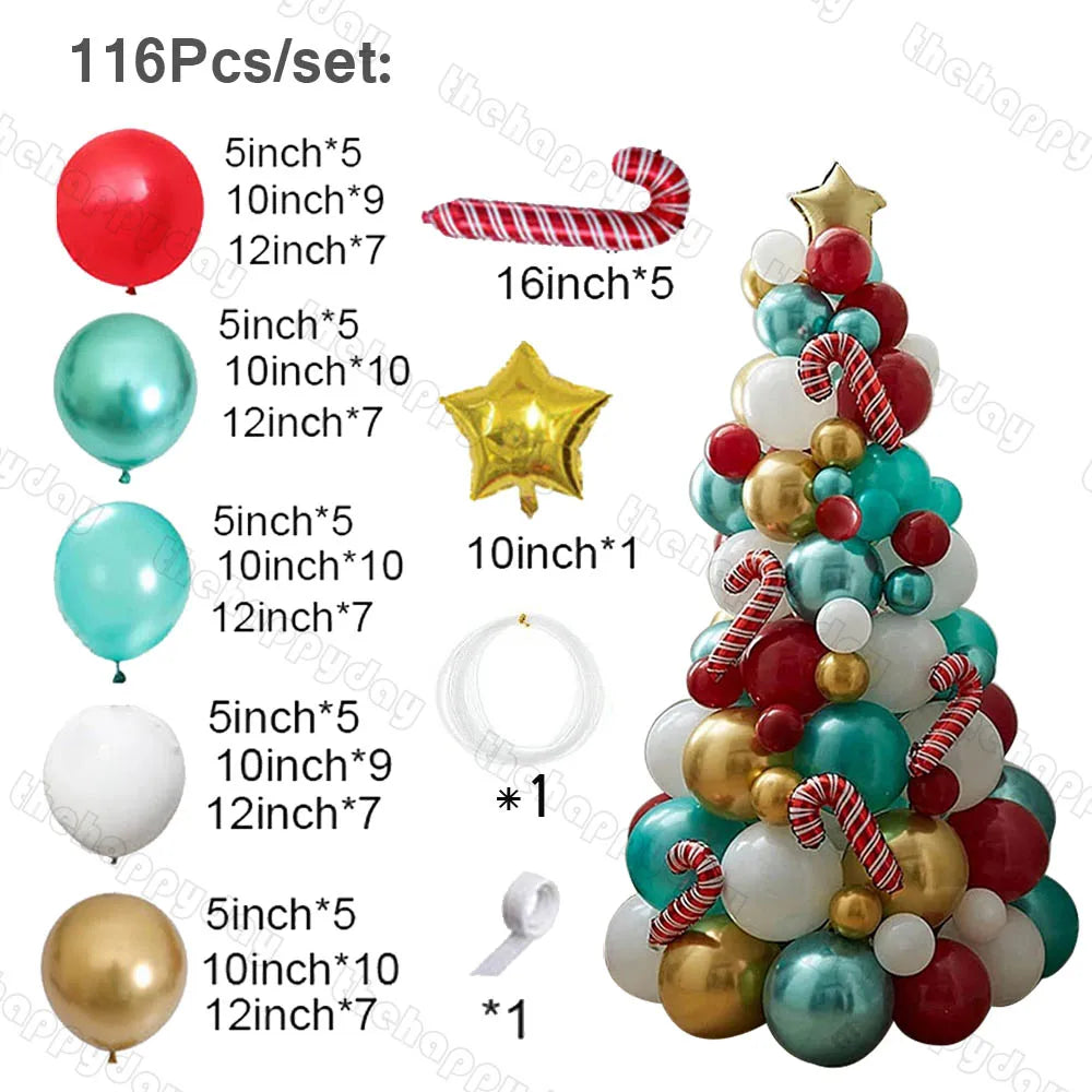 Balloon Christmas tree decoration set includes 116 pieces: red, teal, white, and gold balloons, candy canes, one gold star balloon, decorating strip, and ribbon for assembly.