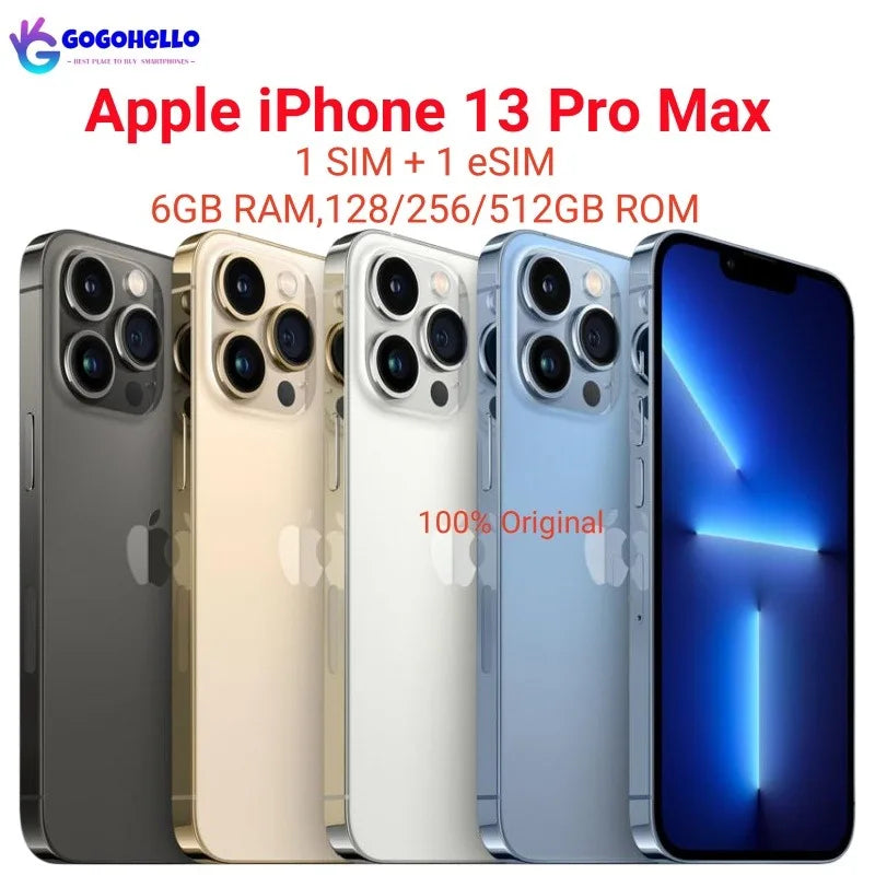 Five Apple iPhone 13 Pro Max models in various colors, showcasing the rear triple camera system and LiDAR scanner. Text highlights features like RAM, storage options, and originality.