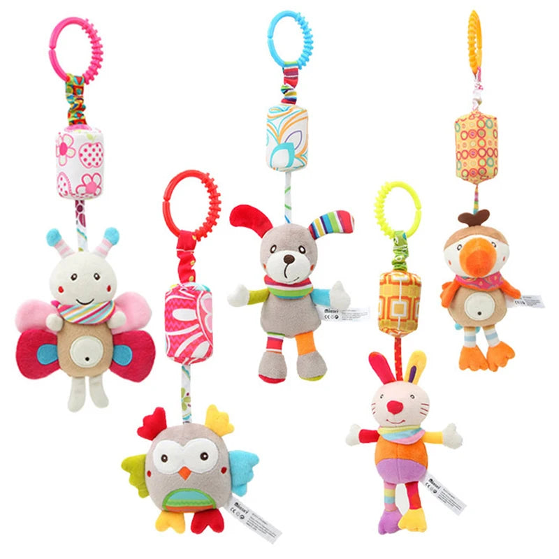 Colorful plush baby toys with animal designs, each attached to a ring with patterned cubes. Includes butterfly, dog, bird, and rabbit. Ideal for hanging on cribs or strollers.
