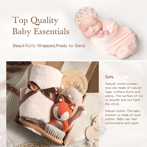 Alt text: "Image of a baby wrapped in a pink blanket and a gift set with a blanket, toy fox, and brush. Text reads: 'Top Quality Baby Essentials. Beautifully Wrapped, Ready to Send. Safe and natural materials.'"