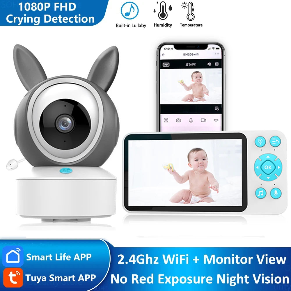 Baby monitor with camera, smartphone display, and separate monitor screen showing a baby. Features include 1080P FHD, crying detection, built-in lullaby, WiFi, and night vision.