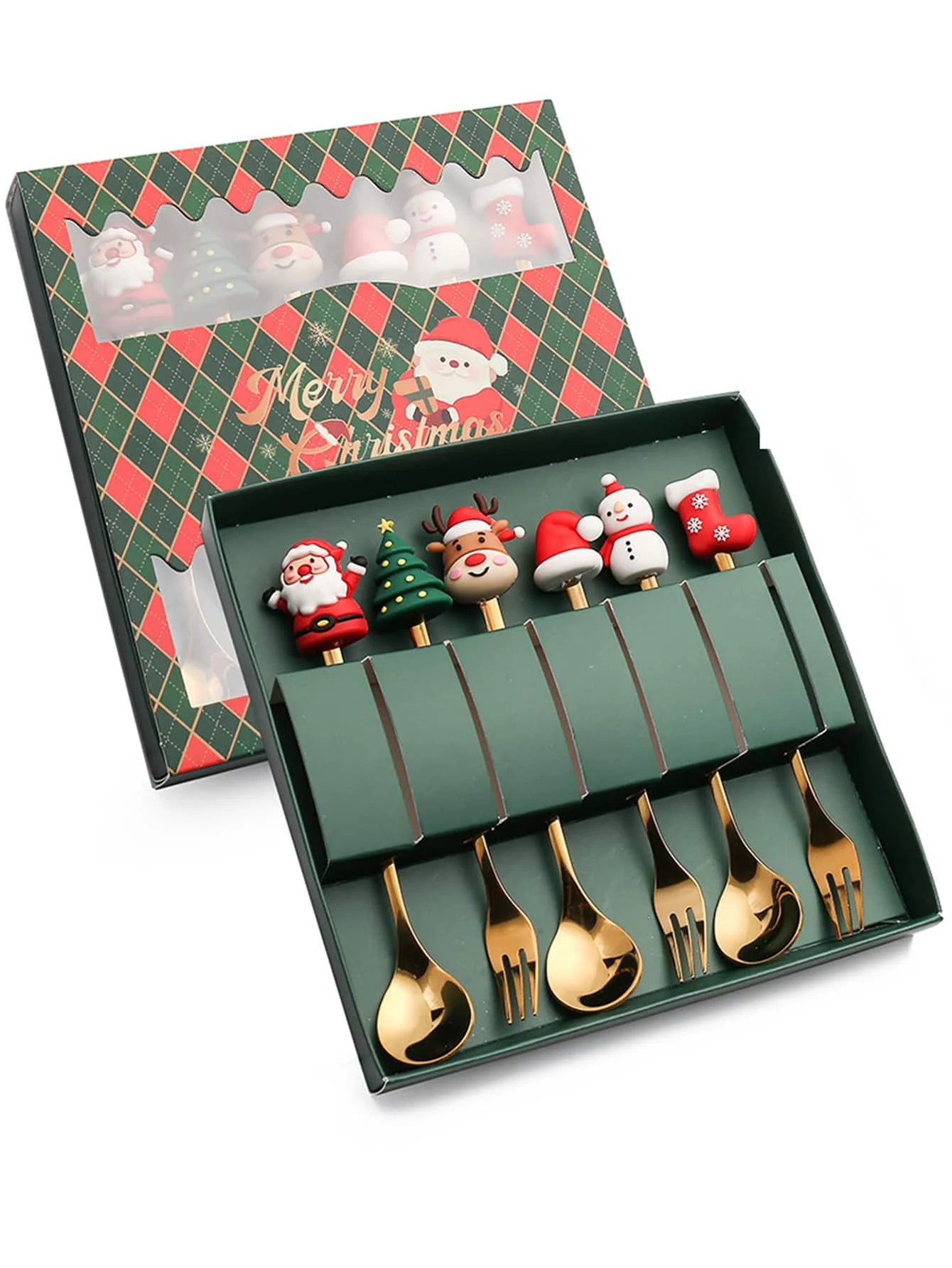 Set of holiday-themed spoon and fork set in a festive green box. Handles feature seasonal characters like Santa, snowmen, and reindeer. Gold utensils add elegance.