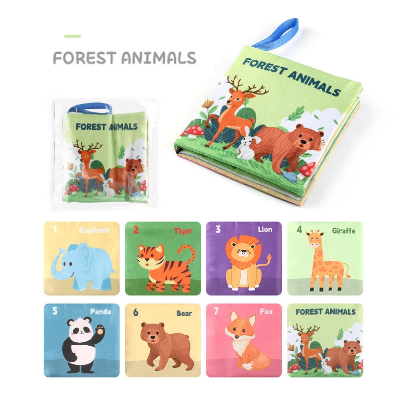 Illustrated children's book "Forest Animals" featuring a deer, bear, and rabbit on the cover. Pages display different animals: elephant, tiger, lion, giraffe, panda, bear, and fox.