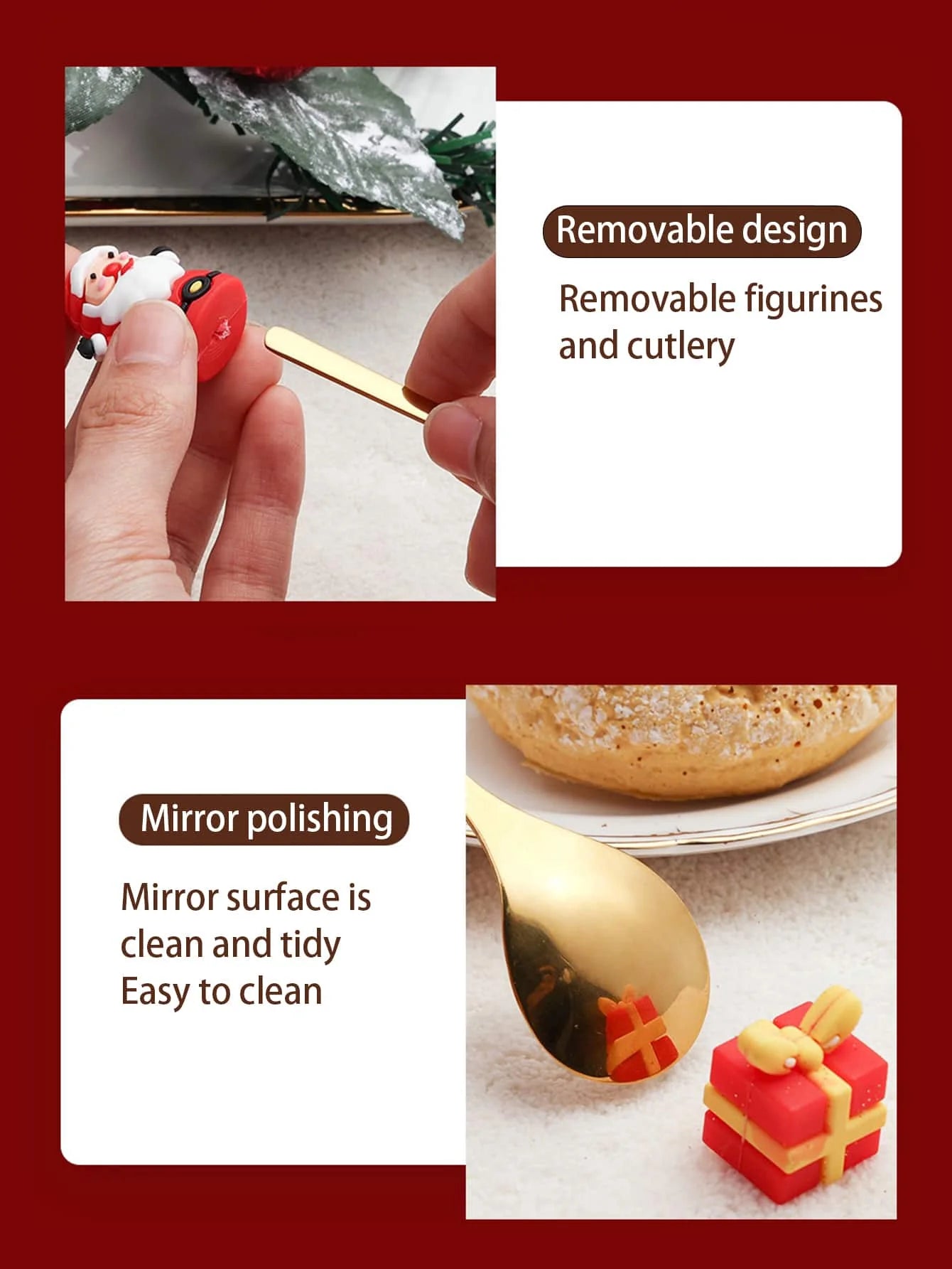 Gold spoon with Santa figurine, featuring removable design and mirror polishing. Text reads: "Removable design: Removable figurines and cutlery. Mirror polishing: Mirror surface is clean and tidy, easy to clean."
