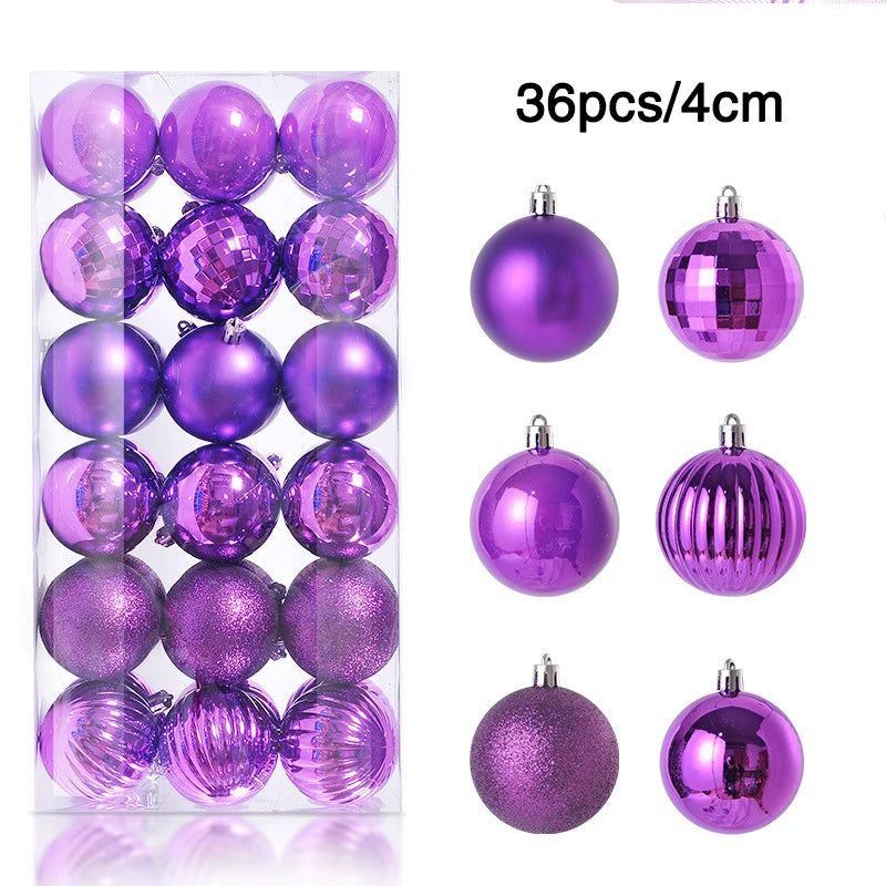 A set of 36 shiny, purple Christmas ornaments in a clear box. Varied textures include glossy, matte, glitter, and ribbed designs, each measuring 4cm in diameter.