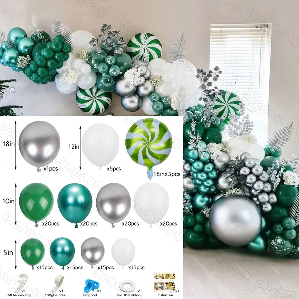 A festive balloon arch in green, white, and silver with peppermint swirl accents surrounds a window. An inset shows various balloon sizes and tools for assembly.