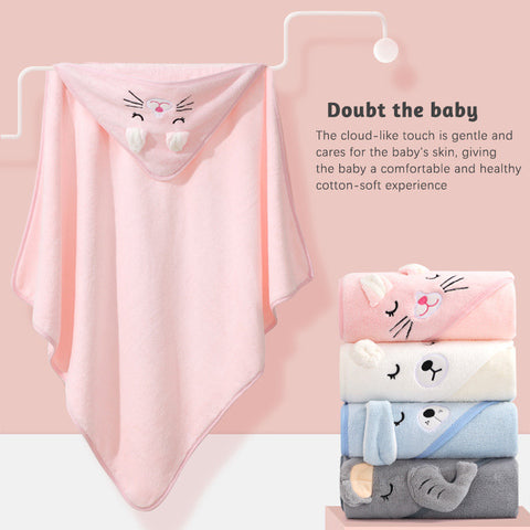Soft, pastel-colored baby towels with cute animal faces, folded neatly. One pink towel hangs, displaying a cat design. Text highlights the towels' gentle, cotton-soft texture.