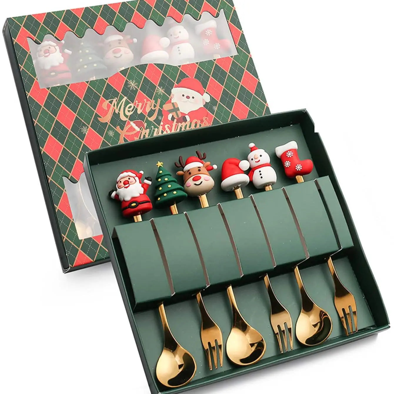 Set of six gold spoons and forks with festive Christmas character handles, including Santa and snowman, in a decorative green and red "Merry Christmas" box.