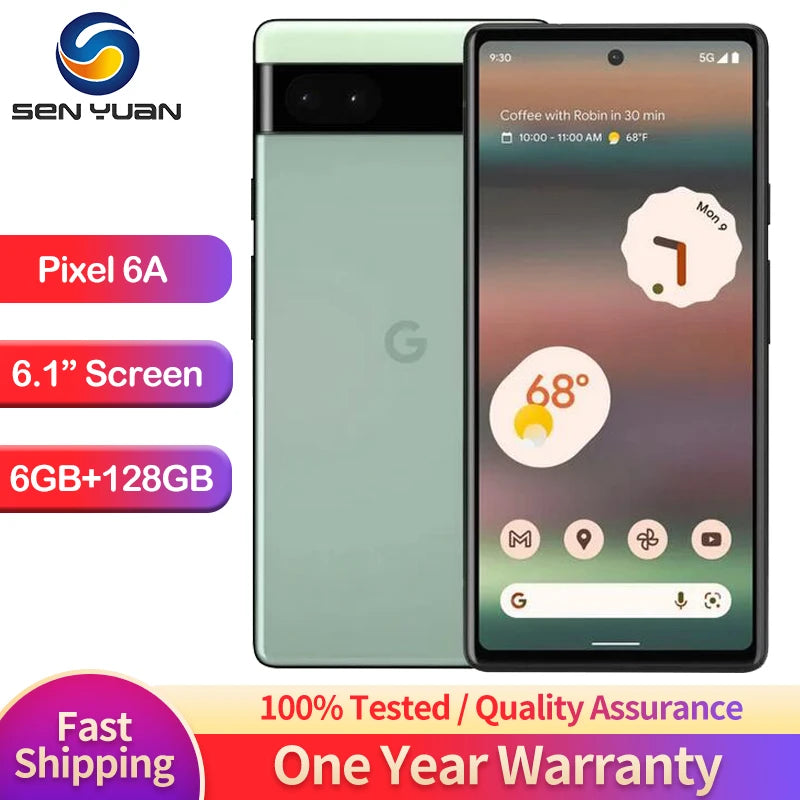 Green Pixel 6A smartphone with 6.1-inch screen, 6GB RAM, 128GB storage. Includes fast shipping and one-year warranty with quality assurance from Sen Yuan.