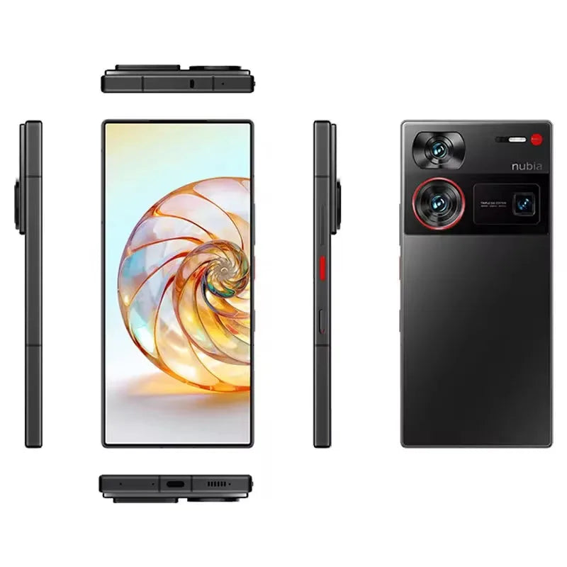Sleek black smartphone with front, back, and side views. Features large dual rear cameras, a vibrant display with a spiral pattern, and a red button on the side.