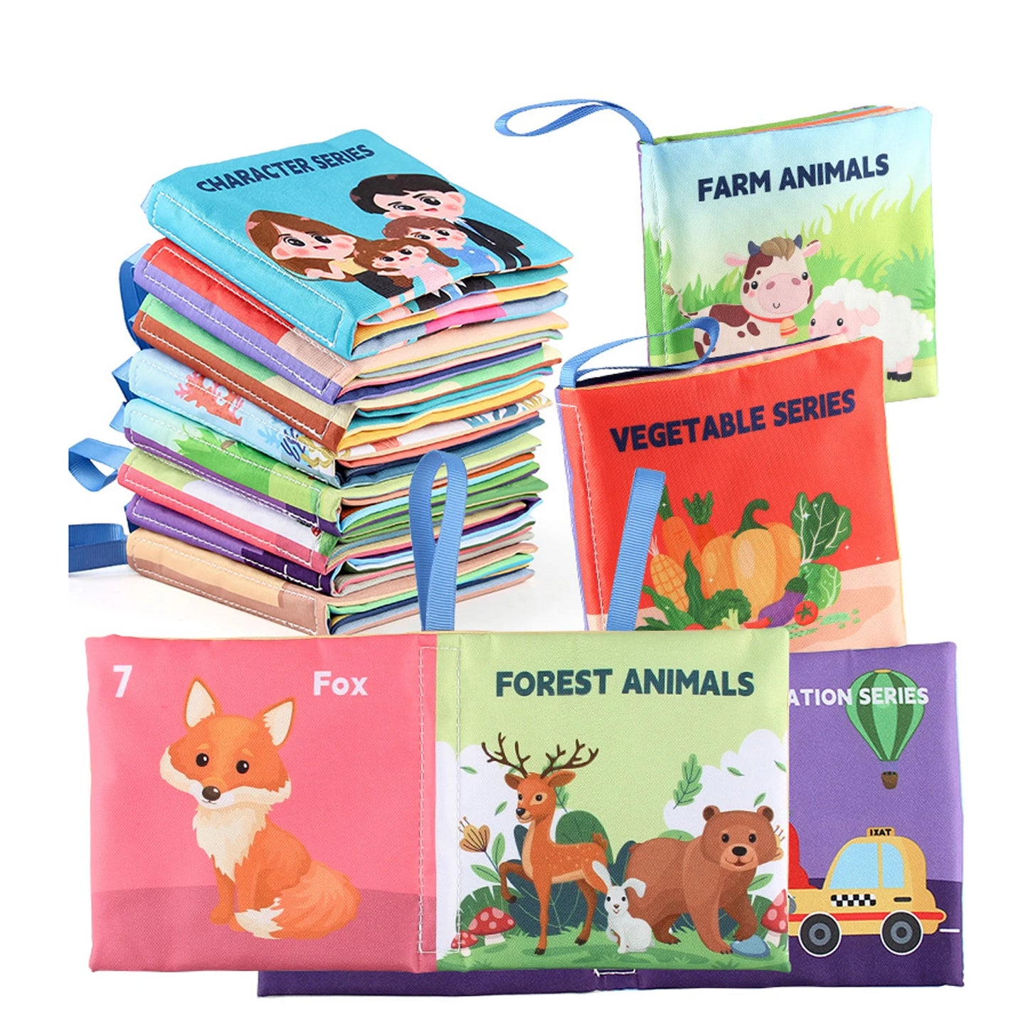 Stack of colorful soft baby books featuring themes like characters, farm animals, vegetables, forest animals, and transportation, each with playful illustrations.