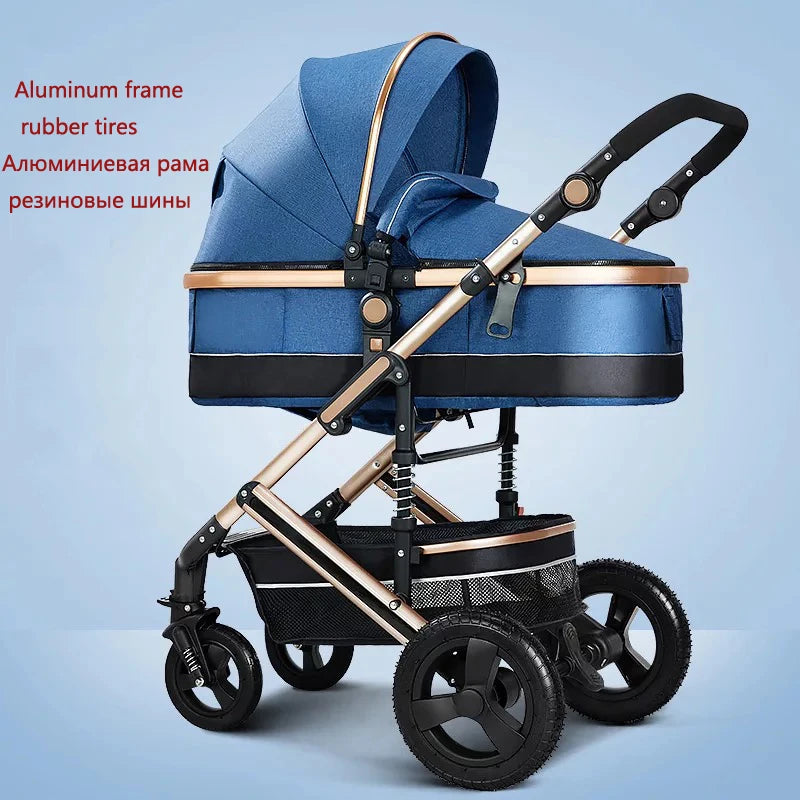 Blue baby stroller with an aluminum frame and rubber tires, featuring a black handle and storage basket. Text in English and Russian highlights the materials used.