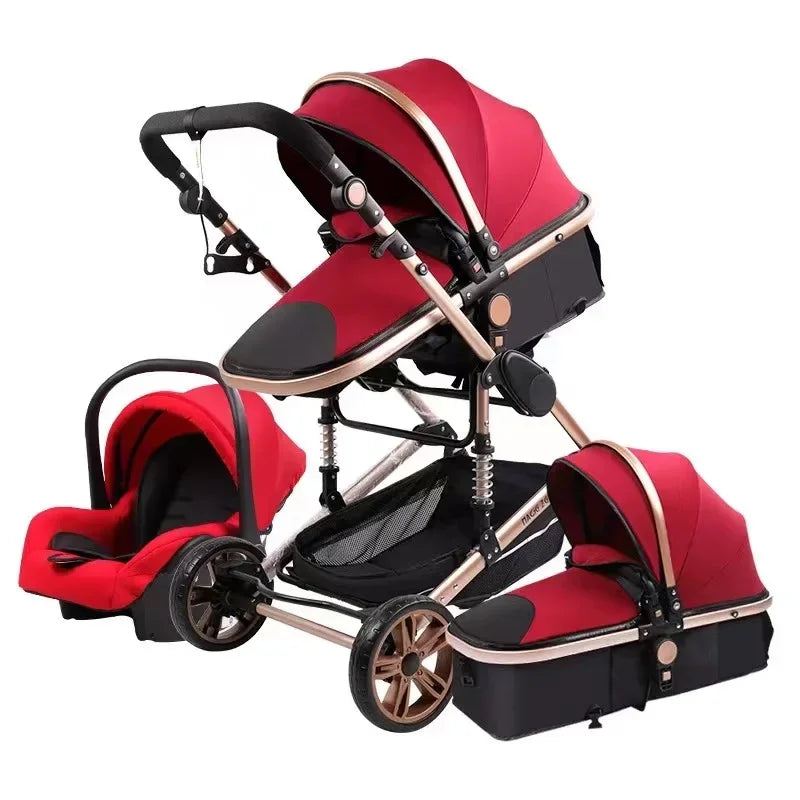 Red and black modular stroller set with three configurations: a car seat, a bassinet, and a seated stroller, featuring gold accents and sturdy wheels on a sleek frame.