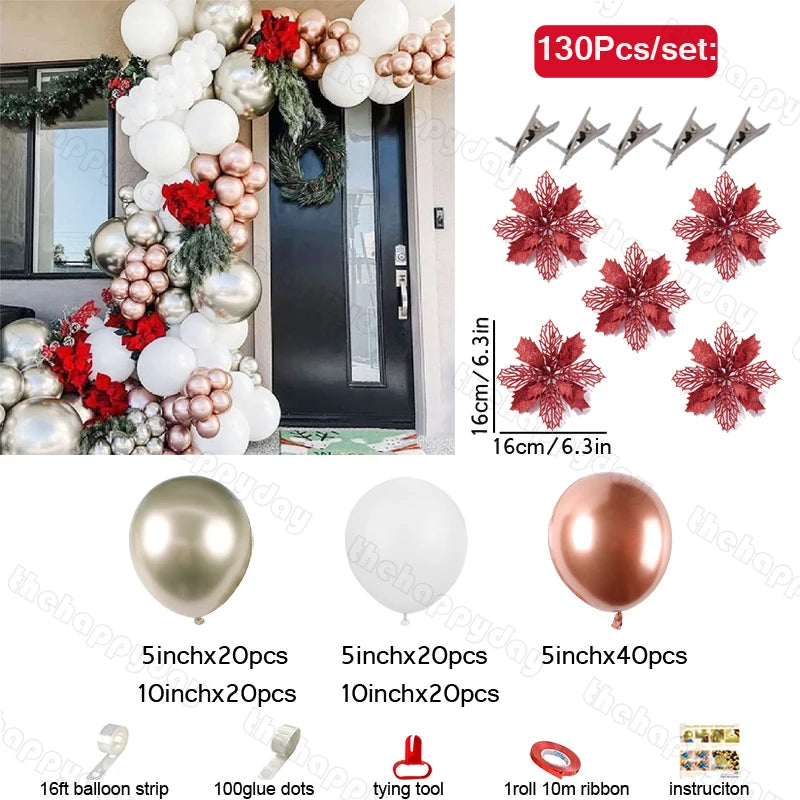Balloon decoration set with metallic, white, and rose gold balloons, red floral accents, 16ft strip, glue dots, and tools. Ideal for festive door decor, 130 pieces total.