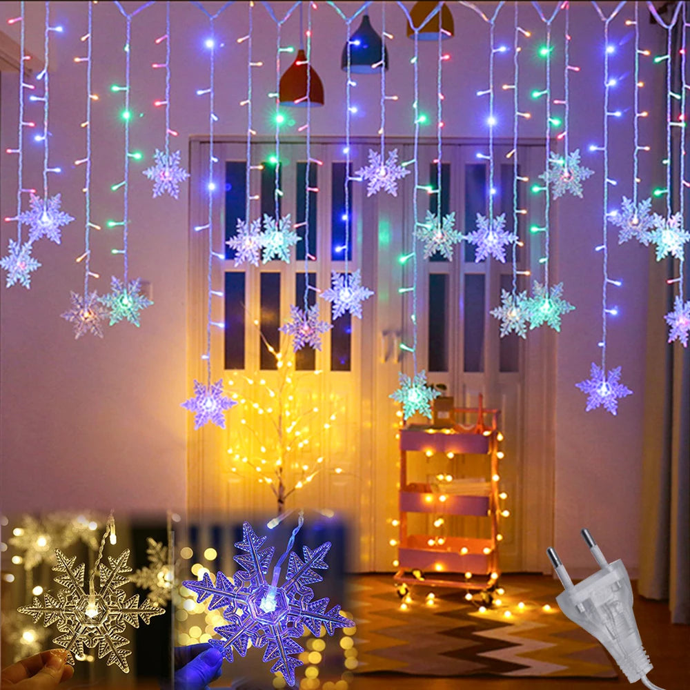 Colorful string lights with snowflake designs hang in front of a window, with warm yellow lights on a tree in the background. A plug and close-up of lights are also shown.