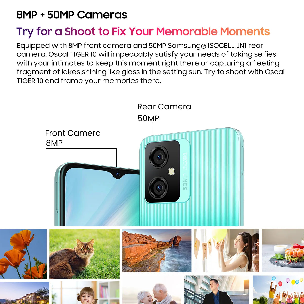 Smartphone with 8MP front and 50MP rear cameras. Displayed with images showcasing various scenes: flowers, cat, cliff, smiling people, and balloons, highlighting photography quality.