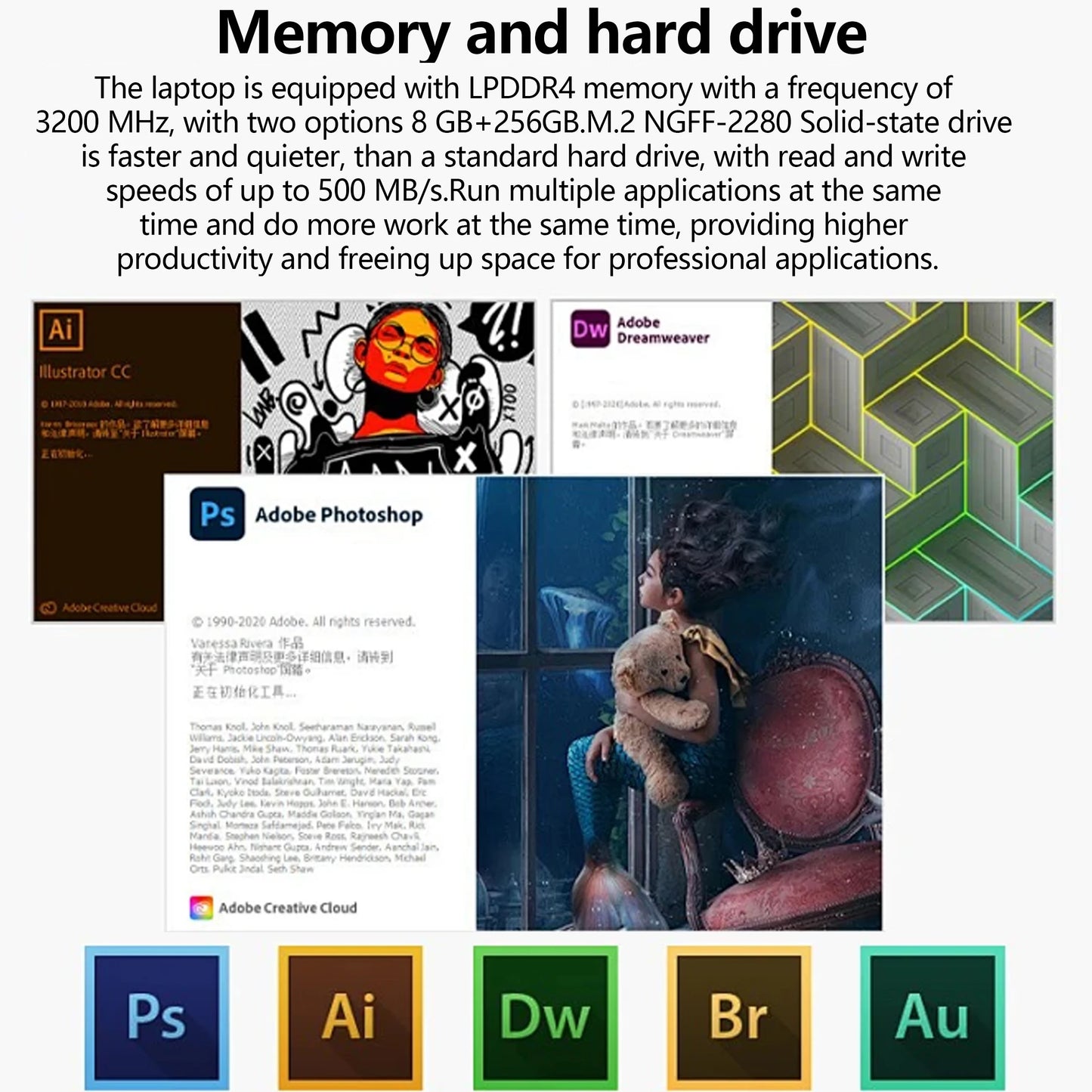 Laptop with LPDDR4 memory, 3200 MHz frequency, 8GB+256GB options. Features AI, Photoshop, Dreamweaver, and more. Solid-state drive offers fast, quiet performance up to 500 MB/s.