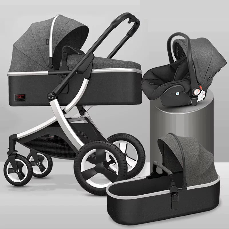 Gray modular baby stroller with bassinet, car seat, and additional bassinet attachment. Features large wheels and adjustable canopy. Displayed on a gray background.