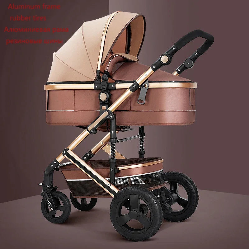 Luxurious brown stroller with a beige canopy and an aluminum frame. Features black rubber tires, a mesh storage basket, and adjustable handlebars against a dark background.