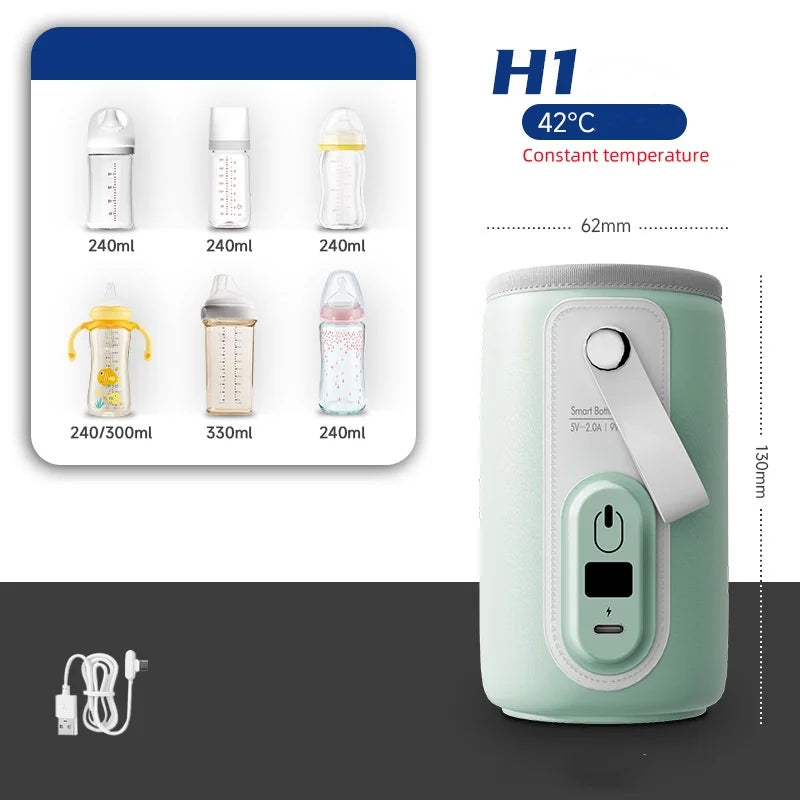 Portable baby bottle warmer compatible with various bottle sizes, maintains 42°C temperature. Dimensions: 62mm diameter, 136mm height. Comes with USB charging cable.