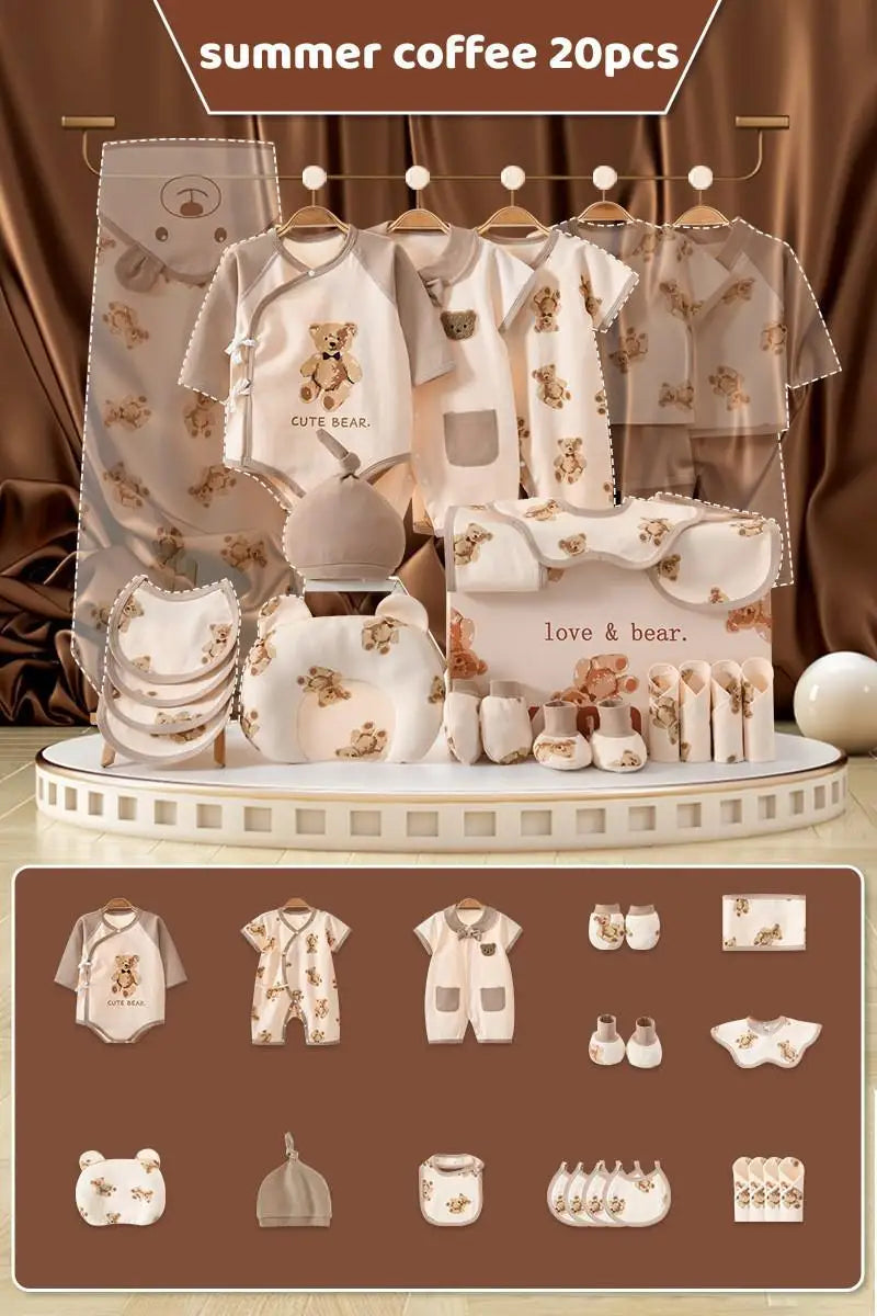 Baby clothing set with teddy bear prints in neutral tones, includes onesies, bibs, hats, mittens, and a blanket. Displayed on a round platform, labeled "summer coffee 20pcs".