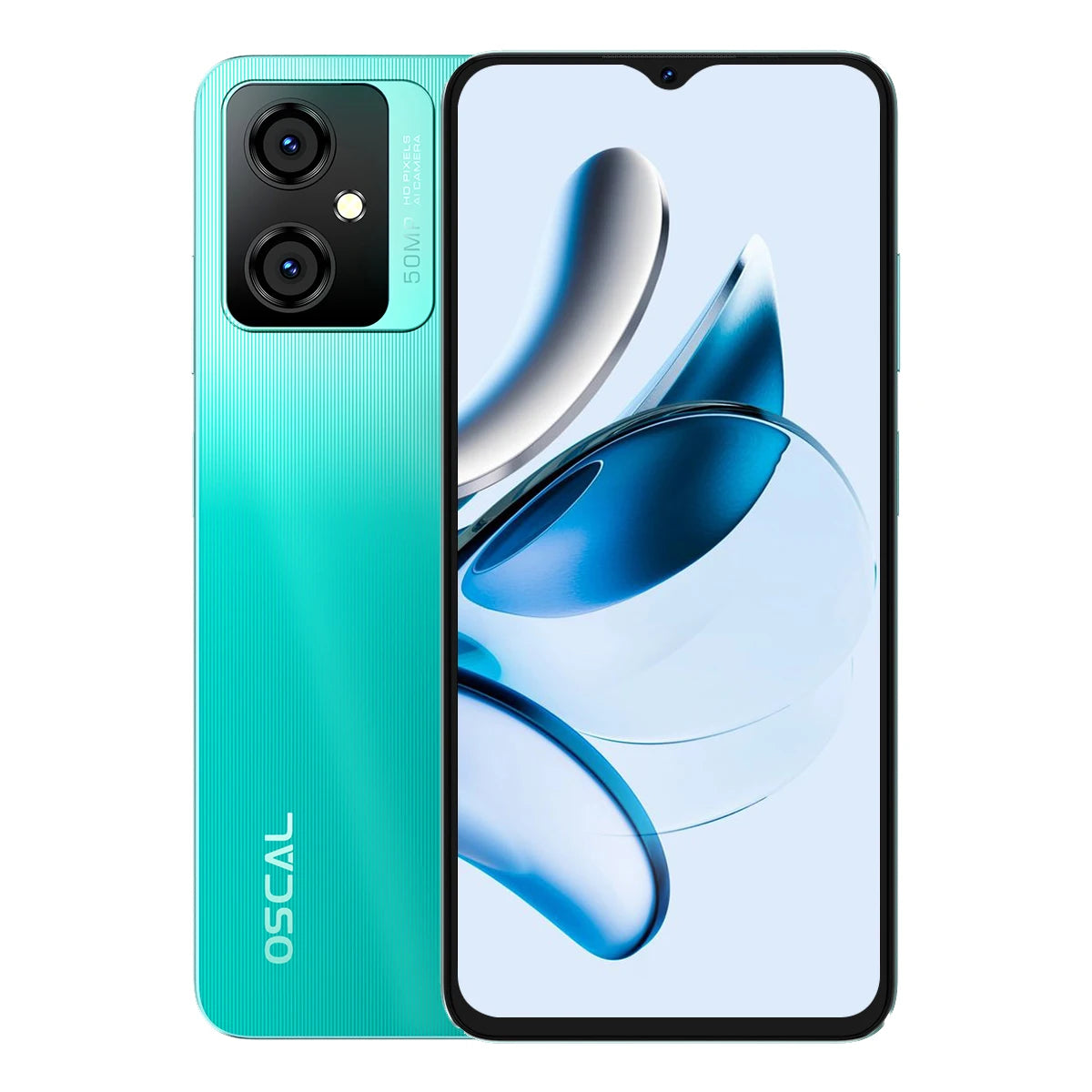 A teal smartphone with two rear cameras and an LED flash, displaying an abstract blue and white design on its screen. The brand name "Oscal" is visible on the back.