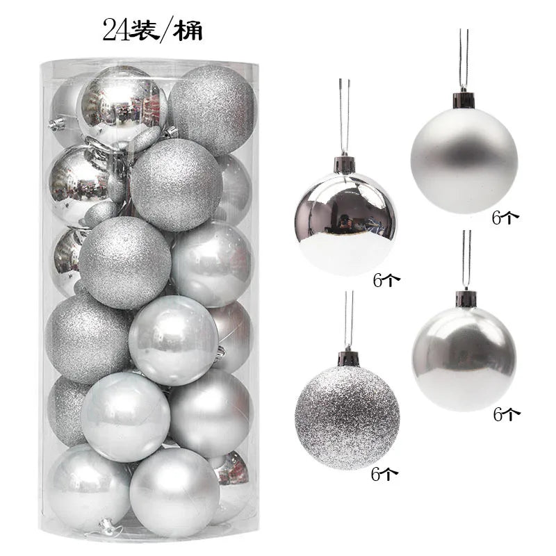 A set of 24 silver Christmas ornaments, including shiny, matte, and glittered finishes, displayed in a clear plastic container. Each style comes in a set of six.