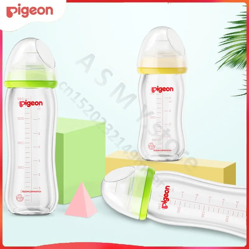 Three baby bottles with ergonomic designs and measurement markings. Two stand upright with green and yellow lids, while one lies horizontally. Background features geometric shapes and a leaf.
