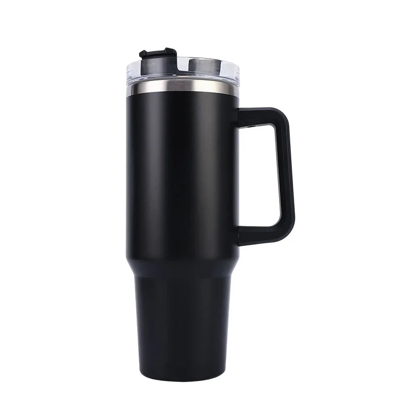 A sleek, black travel mug with a transparent lid and a sturdy handle, designed to keep beverages insulated. The lid has a spill-proof feature for secure use on-the-go.