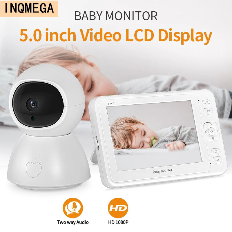 Baby monitor with a 5.0-inch video LCD display and HD 1080P resolution. Features two-way audio. The image shows the monitor capturing a sleeping child with a pacifier.