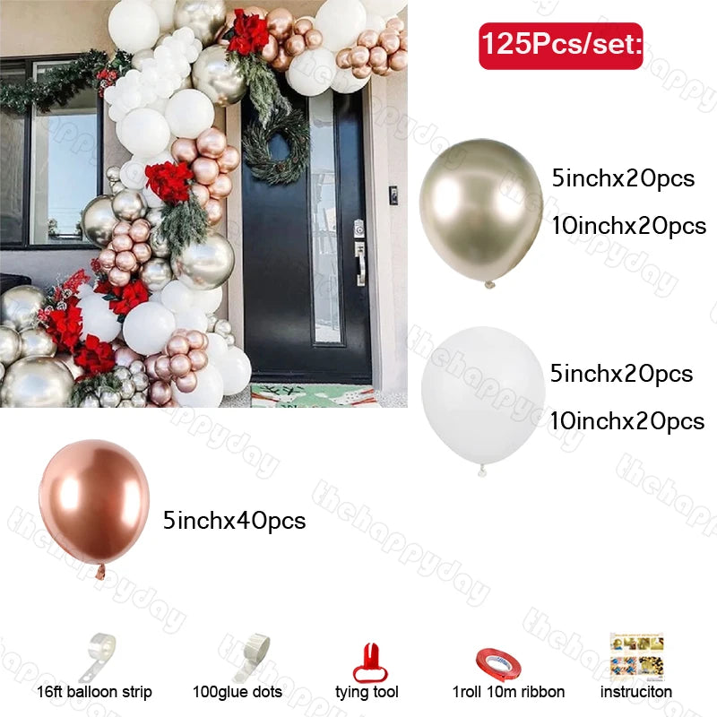 Balloon arch kit featuring 125 pieces, including gold, silver, and white balloons in varying sizes. Includes 16ft balloon strip, glue dots, a tying tool, ribbon, and instructions.