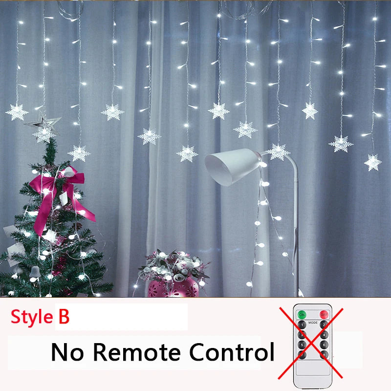 Snowflake string lights hang elegantly before gray curtains. A small Christmas tree with a pink bow and a white floor lamp complete the scene. Text indicates "No Remote Control."
