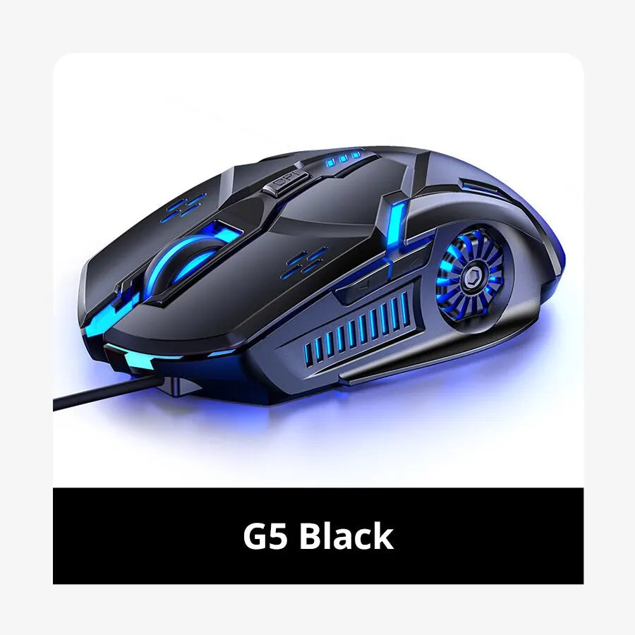 Futuristic black gaming mouse with blue LED accents, featuring intricate vent-like design elements. Text at the bottom reads "G5 Black."