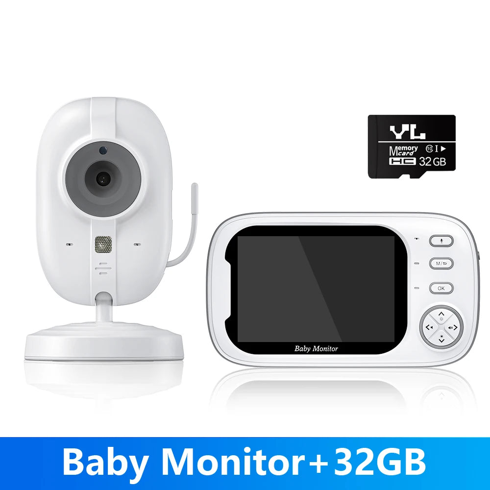 White baby monitor set with camera, handheld screen, and 32GB memory card. The handheld device features buttons on the right, and the image has a blue banner reading "Baby Monitor + 32GB."
