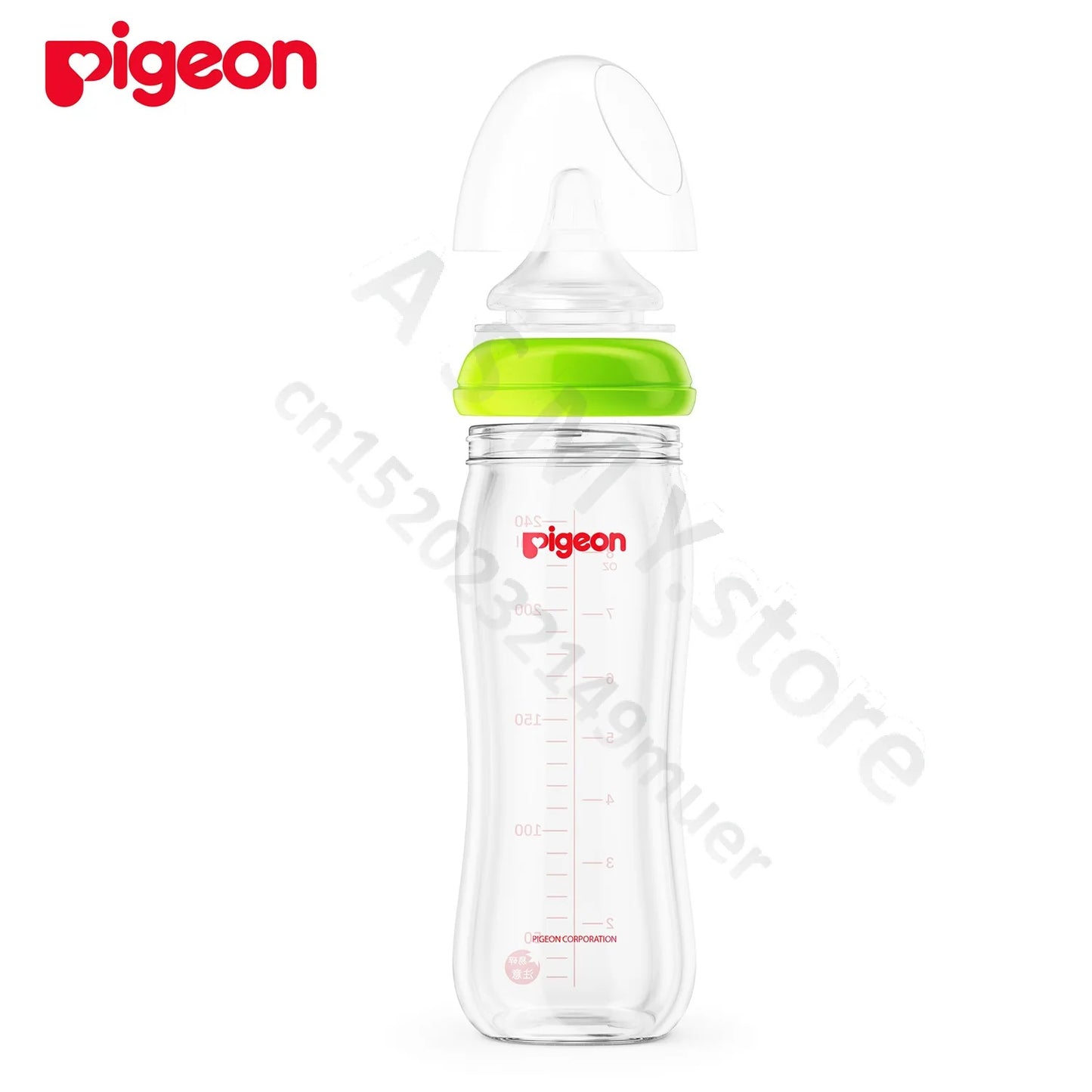 Transparent baby bottle with green and clear lid, branded "Pigeon" in red text, featuring measurement markings on the side.