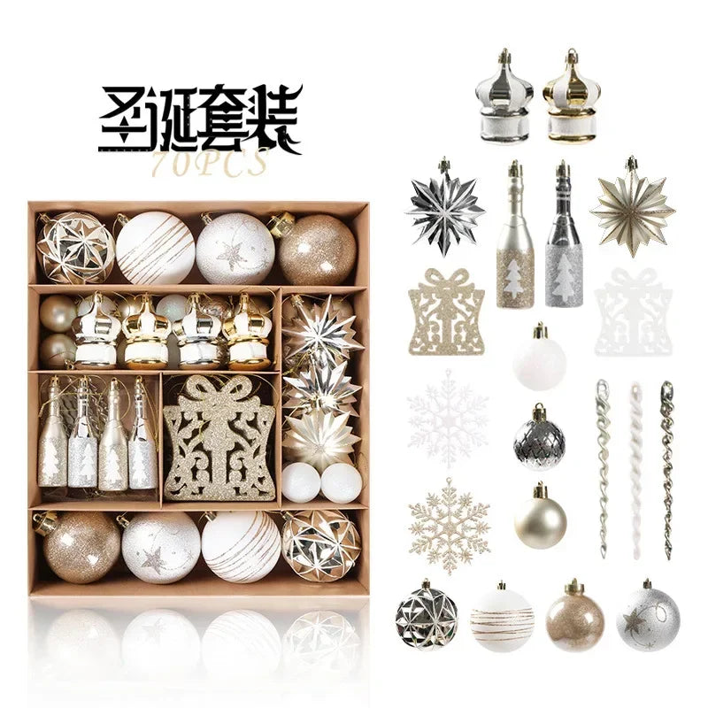 Box of 70 silver, gold, and white Christmas ornaments, including balls, stars, bells, snowflakes, and gift-shaped designs, arranged neatly with additional ornament examples shown.