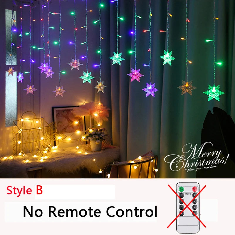 Festive room with colorful, glowing string lights and star-shaped decorations hanging by a window. A sign reads "Merry Christmas" with a note indicating "No Remote Control."