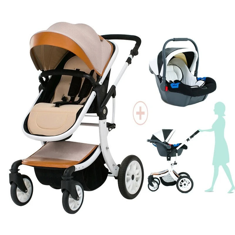 Modern beige and black stroller with a detachable car seat. Silhouette of a person pushing the stroller, showcasing its versatility and convenience for travel.