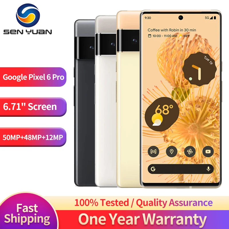 Three Google Pixel 6 Pro phones in different colors. Features include a 6.71" screen, 50MP+48MP+12MP cameras. Offers fast shipping, 100% tested, and a one-year warranty.