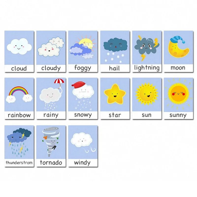 Cartoon weather icons on cards: cloud, cloudy, foggy, hail, lightning, moon, rainbow, rainy, snowy, star, sun, sunny, thunderstorm, tornado, windy.