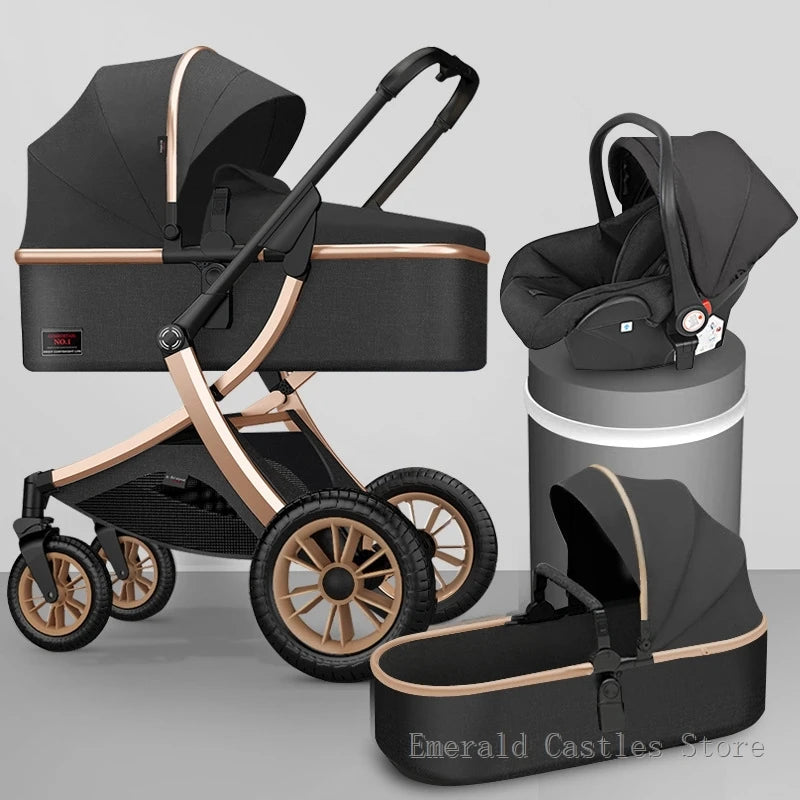 A modern baby travel system with a sleek black and gold stroller, a detachable matching bassinet, and a car seat, all on a gray background.