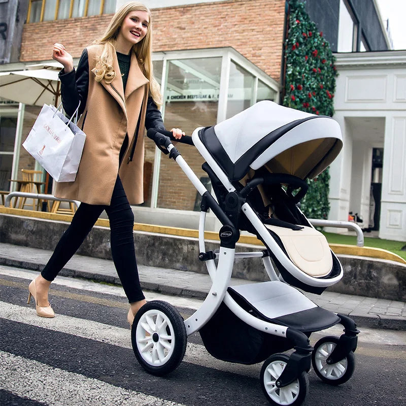 Woman in a brown coat pushing a modern black and white stroller while holding shopping bags, walking along an urban street.
