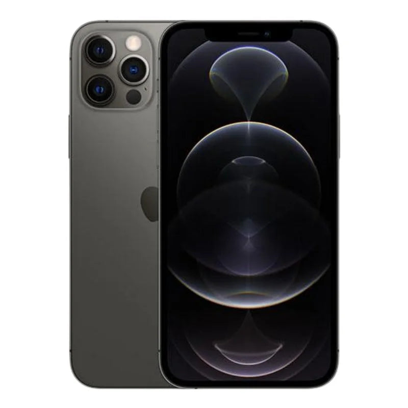 Sleek smartphone with a black body, featuring a triple camera system on the back and a reflective, abstract design on the front screen.