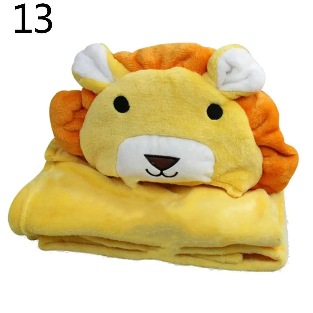 Plush yellow blanket folded with a lion face hood, featuring orange mane and white ears. Number 13 is displayed in the top left corner.